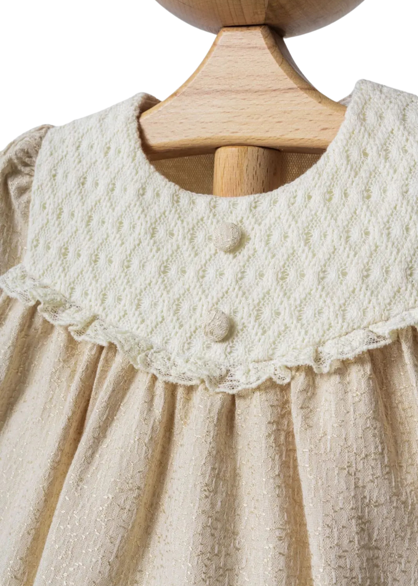 Rochie cu Maneca Lunga Bej Brocard cu Insertie Tricot pe Bust 4404 MyMio