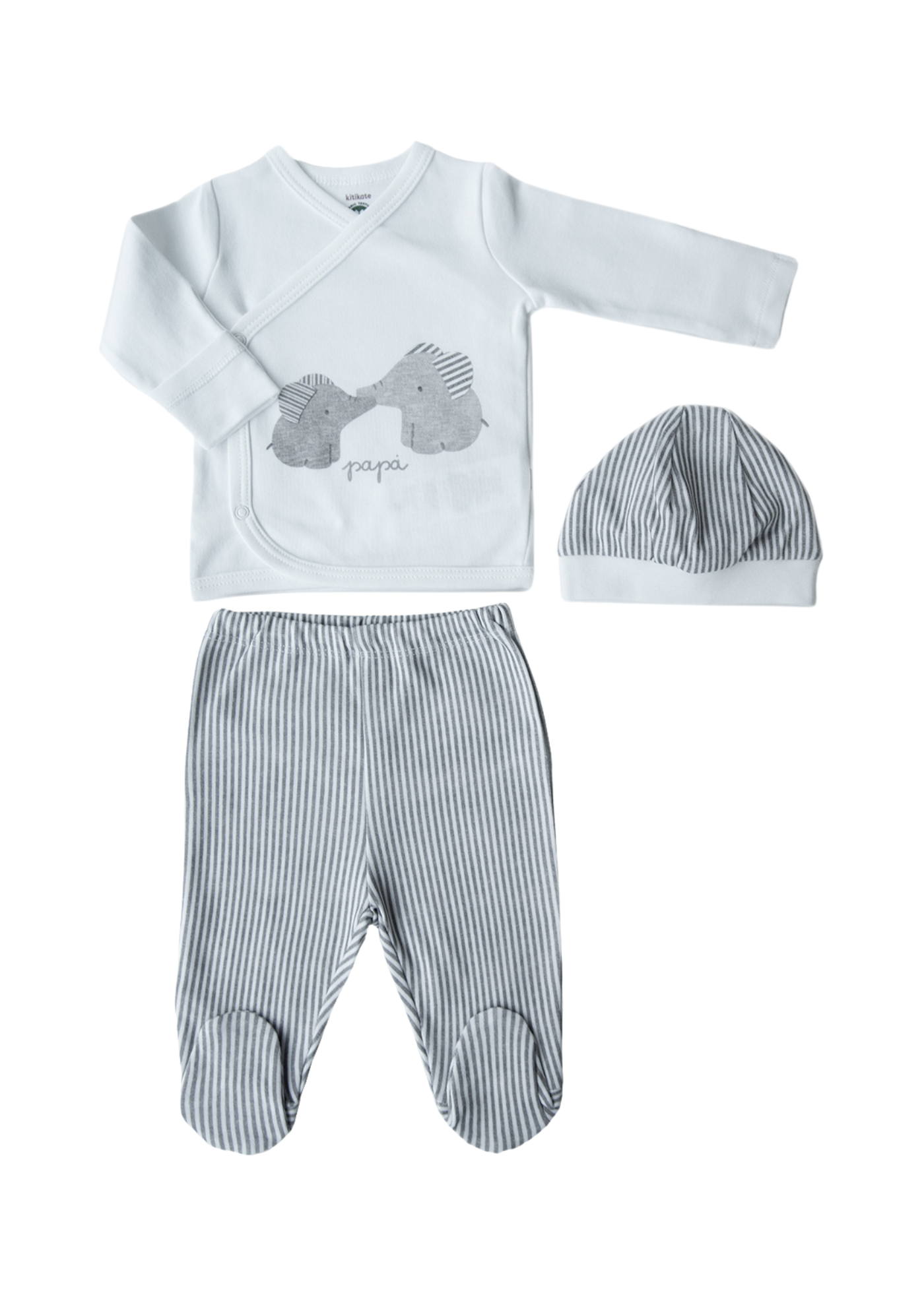 Set 3 Piese Nou Nascut din Bumbac Organic Alb cu Dungi Gri cu Elefanti S89892 KitiKate