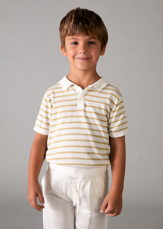 Tricou Polo Tricotat Crem cu Dungi Bej 3106 Mayoral