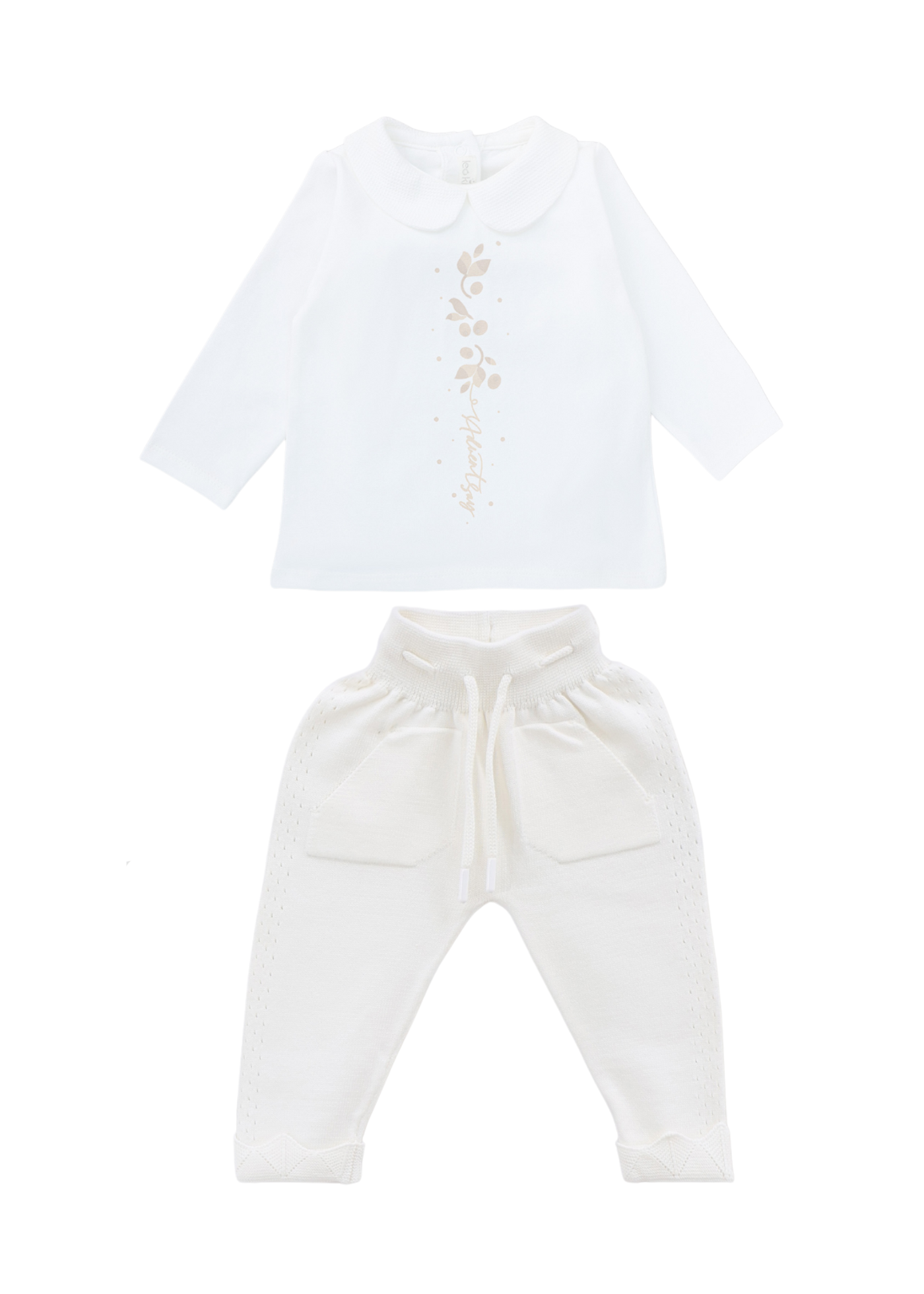 Set 3 Piese Jacheta si Pantaloni Lungi Tricotate Alb si Bluza Bumbac 8019 Leo King