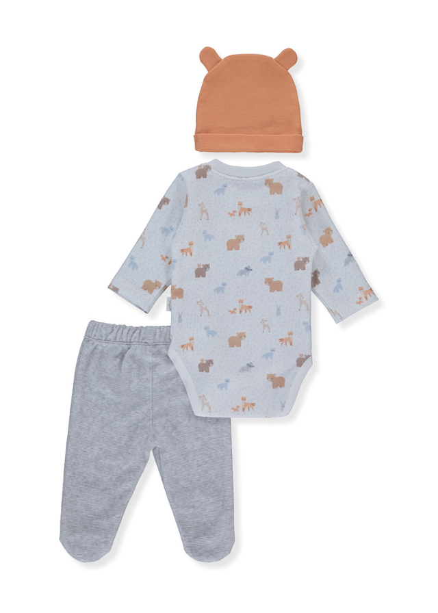 Set 3 Piese Body din Bumbac Gri cu Ursi Pantaloni Gri Velur si Fes cu Urechiuse Mothers’s Son T3605 Bebetto