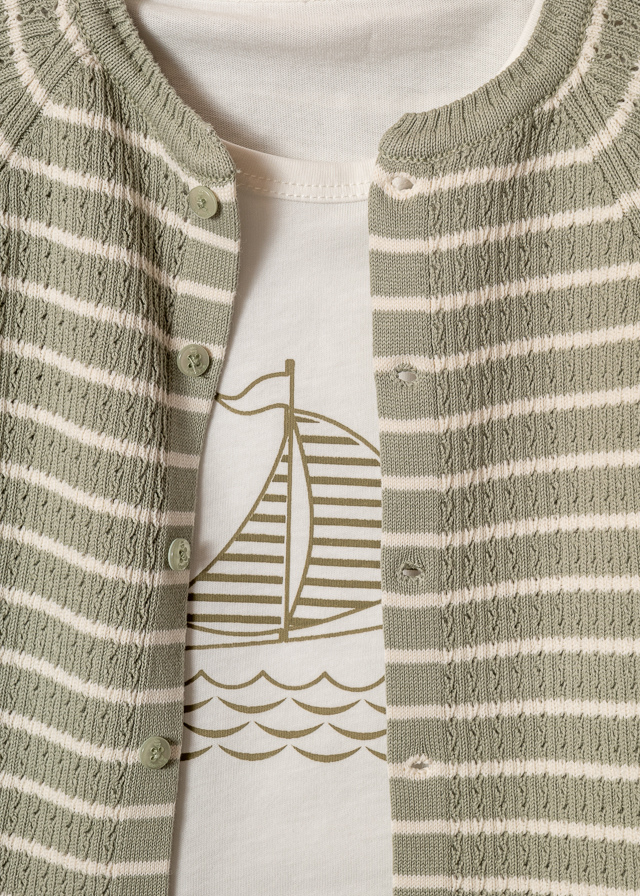 Set 3 Piese Cardigan cu Maneca Scurta si Pantaloni Scurti Tricot Verde cu Dungi si Body Crem cu Vapor 8163 Leo King