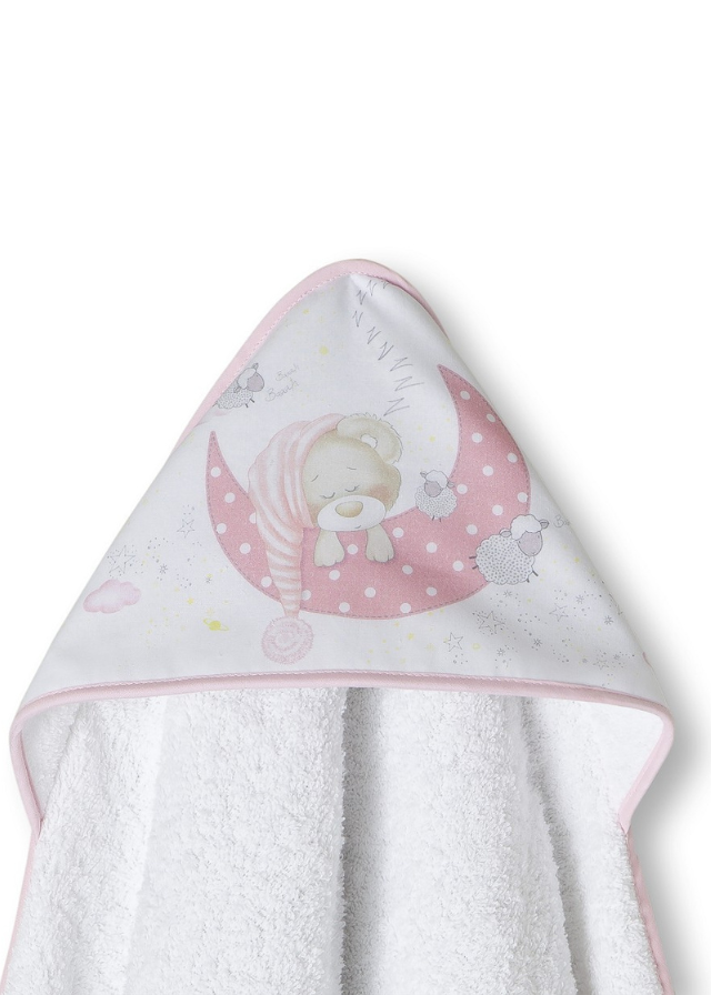 Prosop cu Capison 100x100 cm si Bavetica Alb Roz cu Ursulet pe Semiluna 01225-12 Interbaby