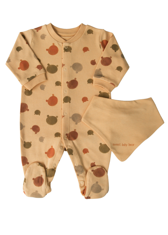 Set of 2 Organic Cotton Overalls and Orange Bib with Bear Print S18413 Kitikate