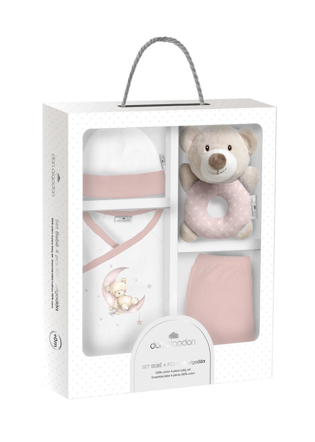 Set Nou Nascut 4 Piese Alb-Roz cu Ursulet pe Semiluna 0-6 luni DSET05-02 Interbaby