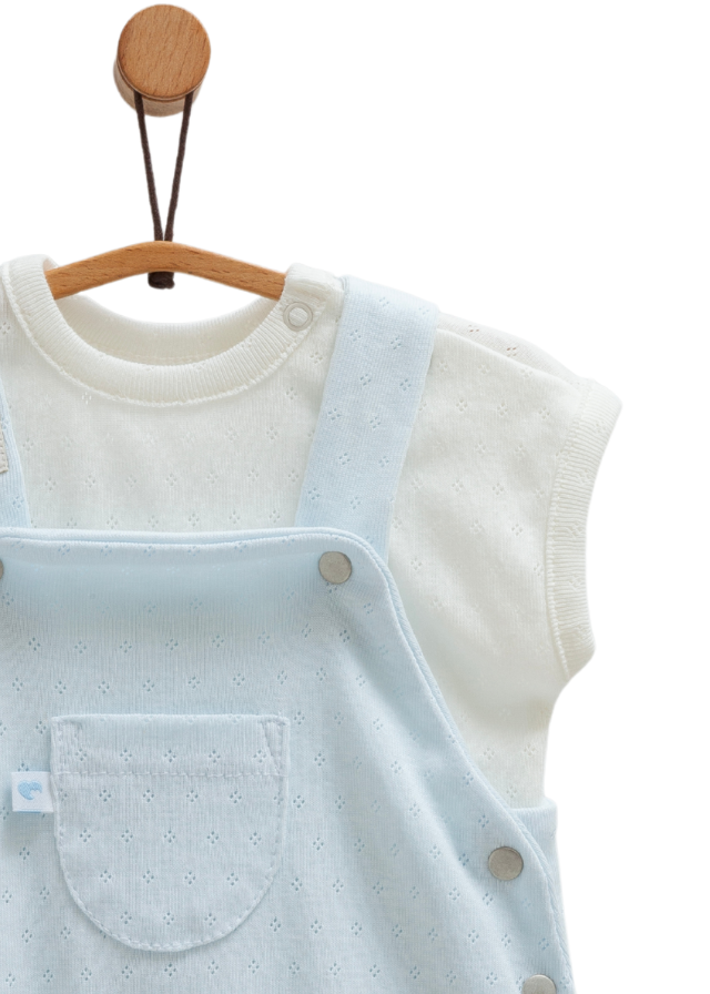 Set 2 Piese Salopeta Scurta Bleu si Tricou Crem Move Boy SLE1712 Mell Sweet Baby