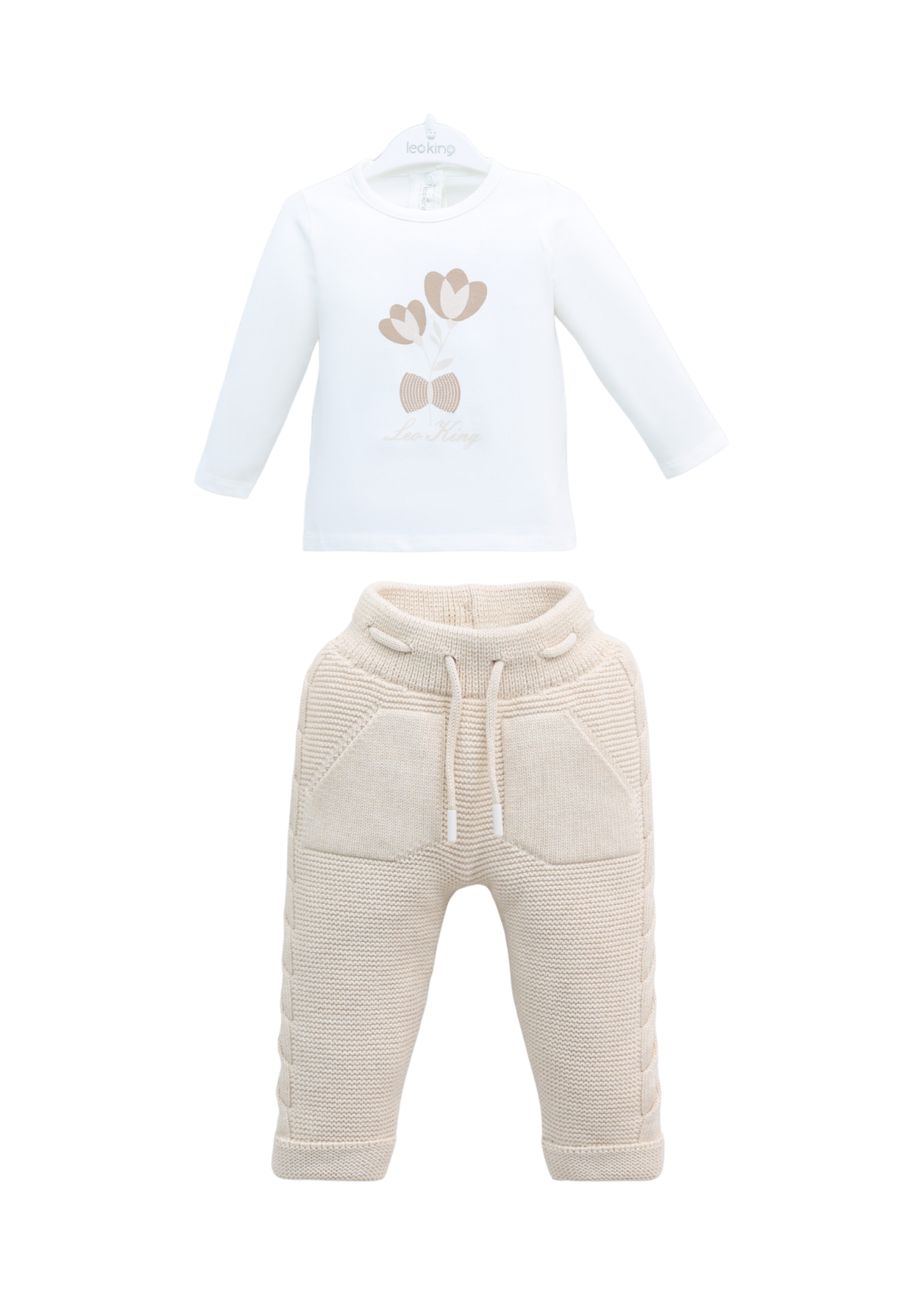 Set 3 Piese Jacheta si Pantaloni Tricotate Bej si Bluza din Bumbac 8032 Leo King