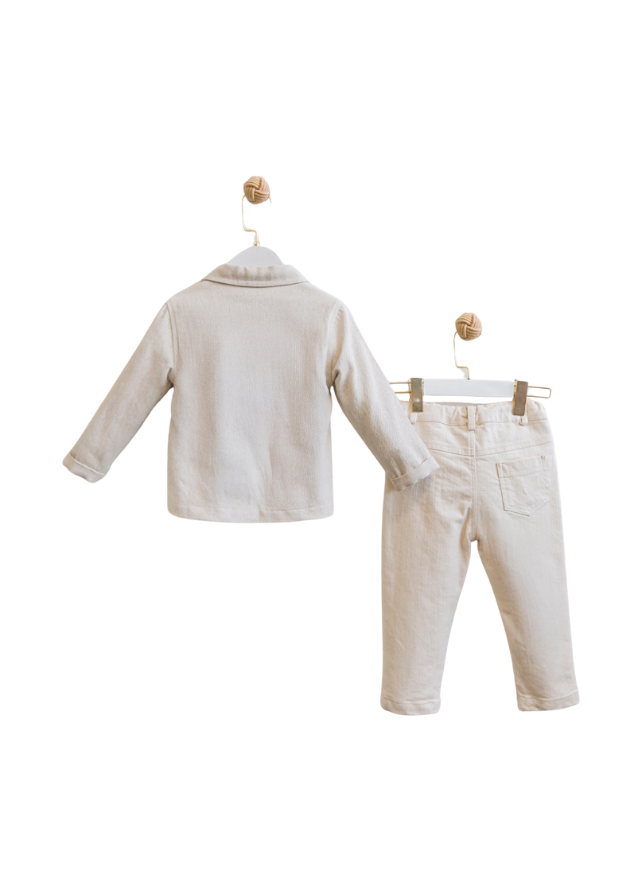 Set 3 Piese Camasa si Pantaloni Lungi Bej si Tricou Crem 3647 Mino Baby