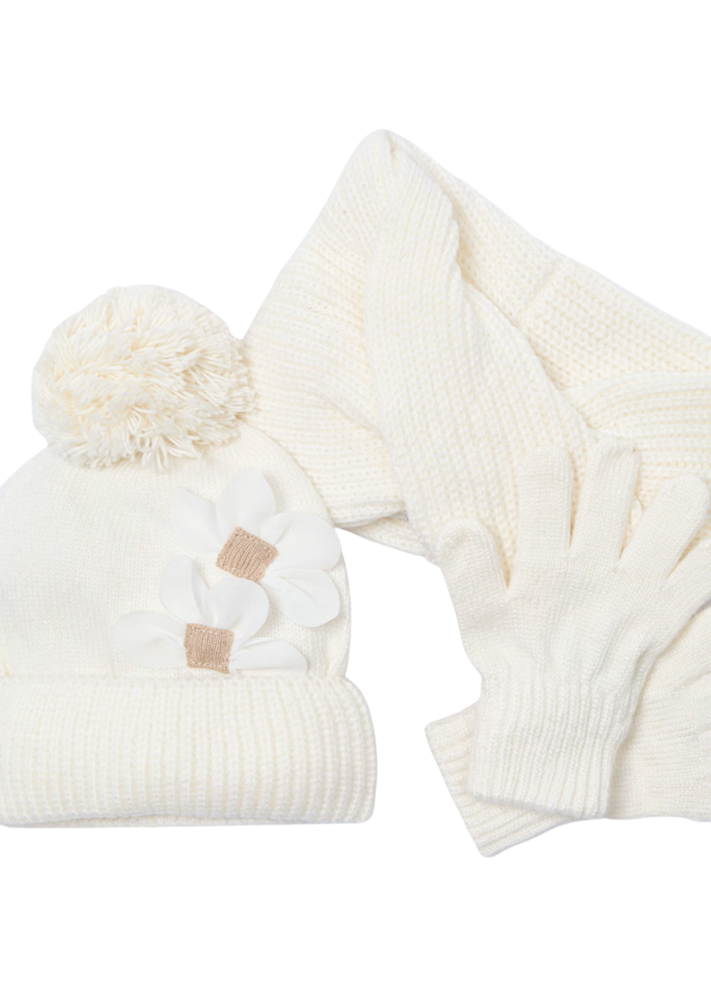 Set 3 Piese Caciula, Fular si Manusi Tricotate Crem 10071 Mayoral