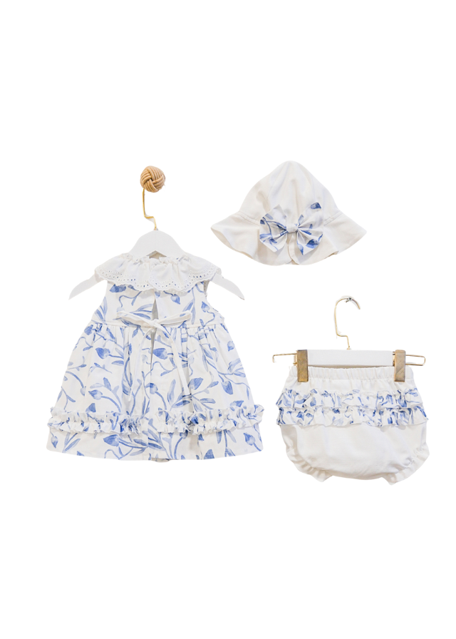 Set 3 Piese Rochie Alba cu Flori Albastre Chilotel si Palarie 3641 Mino Baby