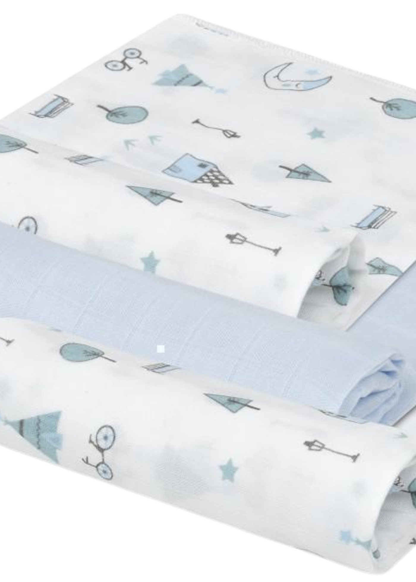 Set 3 Scutece Muselina Bambus Alb-Bleu Imprimeu Semiluna – 55x70 cm 98976-01 InterBaby