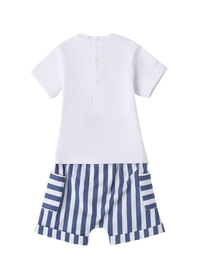 AnneBebe - Set 2 Piese, Tricou Alb cu Maneca Scurta si Pantaloni Scurti cu Dungi Bleumarin 8613 Minibanda