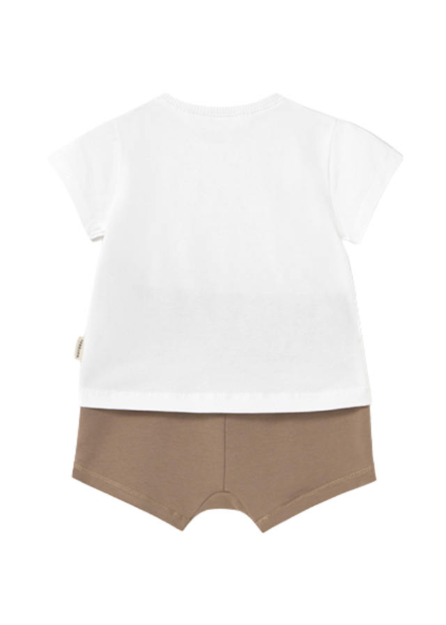 Set 2 Piese Tricou Alb cu Imprimeu Urs si Iepure si Pantaloni Scurti Maro 1206 Mayoral