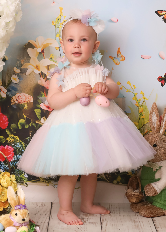 Ivory Tulle Ceremony Dress with Polka Dots and Multicolor Ruffle 2970 Mon Princess