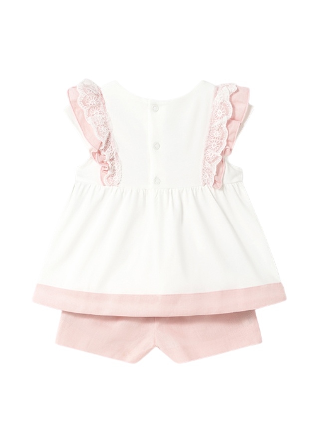 Set 2 Piese Top si Pantaloni Scurti din In cu Bumbac Crem cu Roz 1236 Mayoral