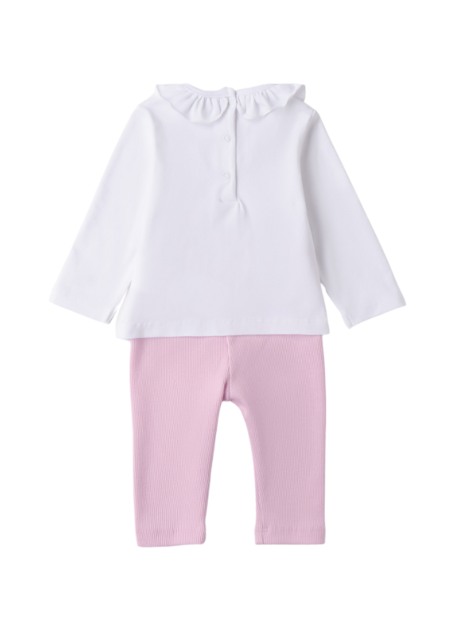 Set 2 Piese Bluza Alba cu Maneca Lunga si Pantaloni Lungi Roz 3.B746/00 Minibanda