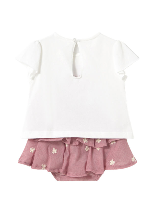 Set 2 Piese Tricou Crem si Chilotel cu Volane Roz Pudra cu Fluturi 1853 Mayoral