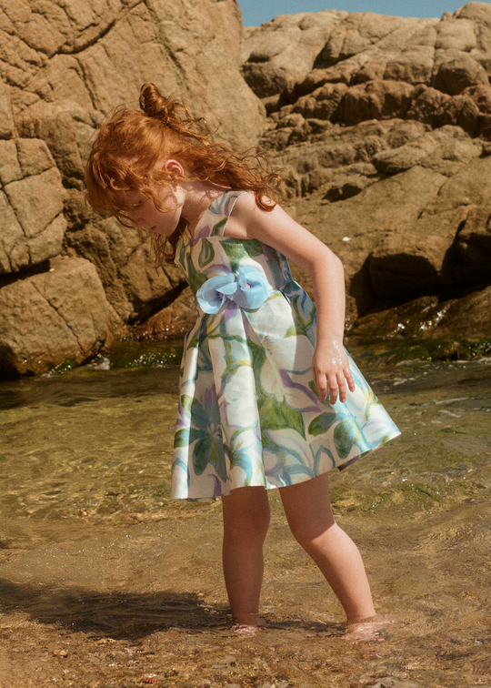 Rochie Mikado Crem cu Bretele Imprimeu Flori Bleu, Verzi si Mov 5052 Abel & Lula