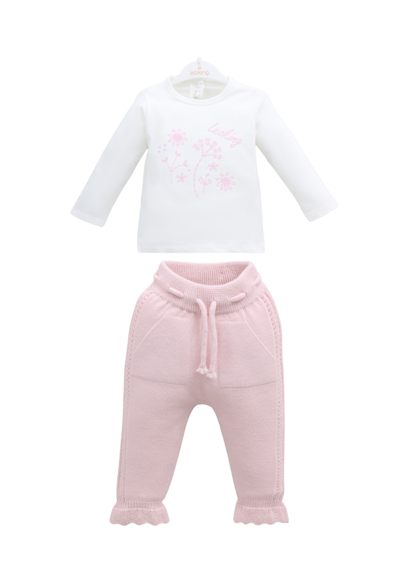 Set 3 Piese Jacheta si Pantaloni Roz cu Lana Merinos si Bluza Bumbac 9591 Leo King