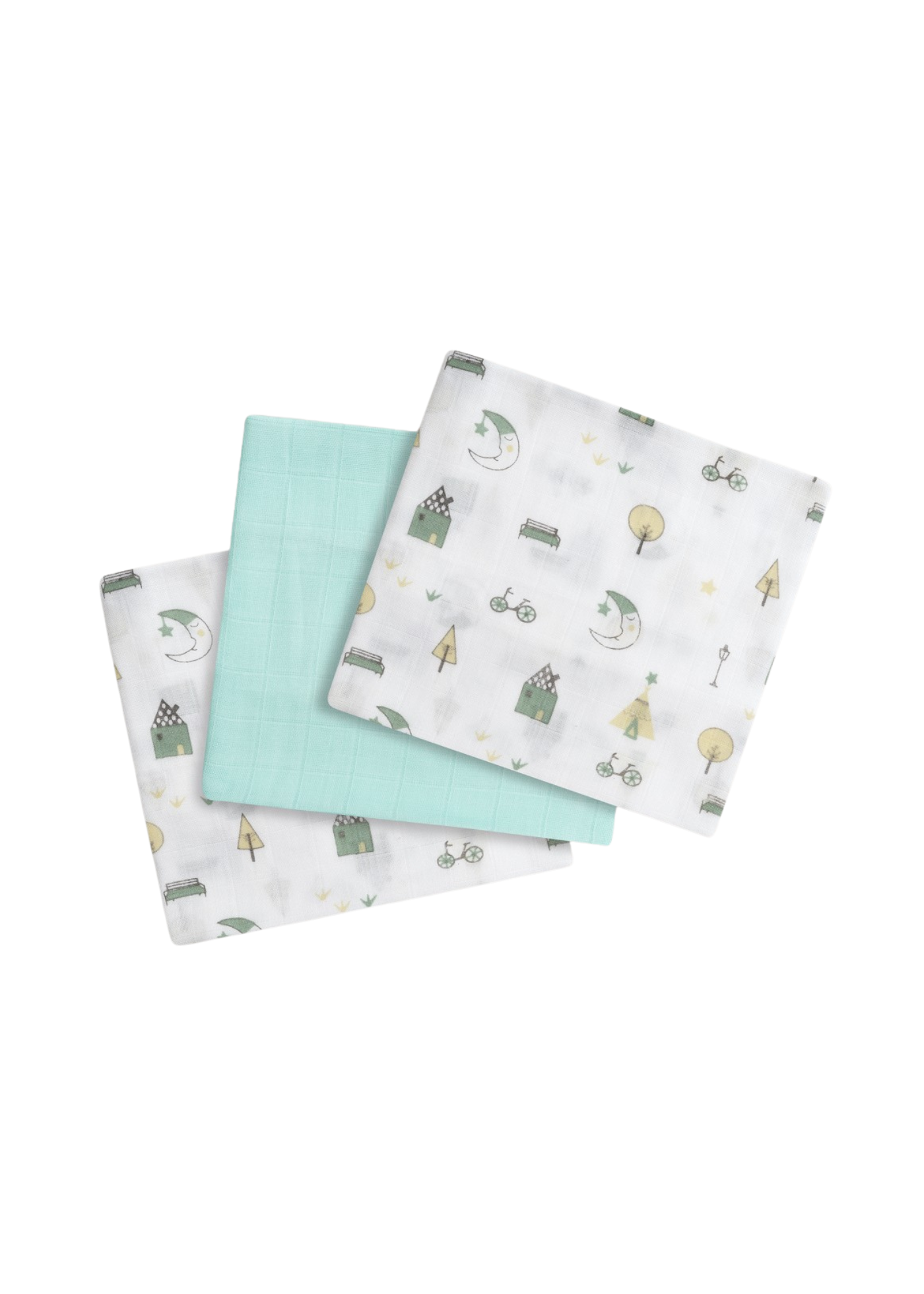 Set 3 Scutece Muselina Bambus Alb-Verde Menta Imprimeu Semiluna –55x70 cm 98976-58 InterBaby