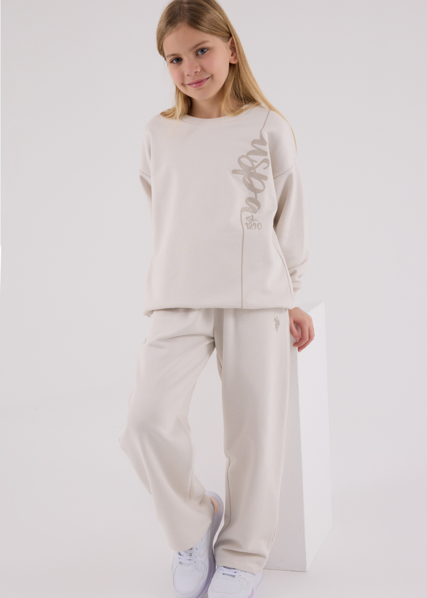 Trening 2 Piese Bej Bluza Sport Oversize si Pantaloni Lungi Evazati US2304-4 Us Polo Assn