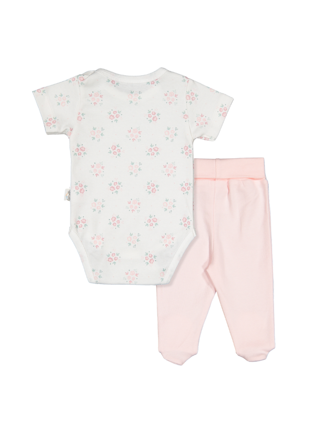 Set 3 Piese Body cu Maneca Scurta Crem cu Imprimeu Flori Pantaloni si Bentita Somon Flowers T3855 Bebetto