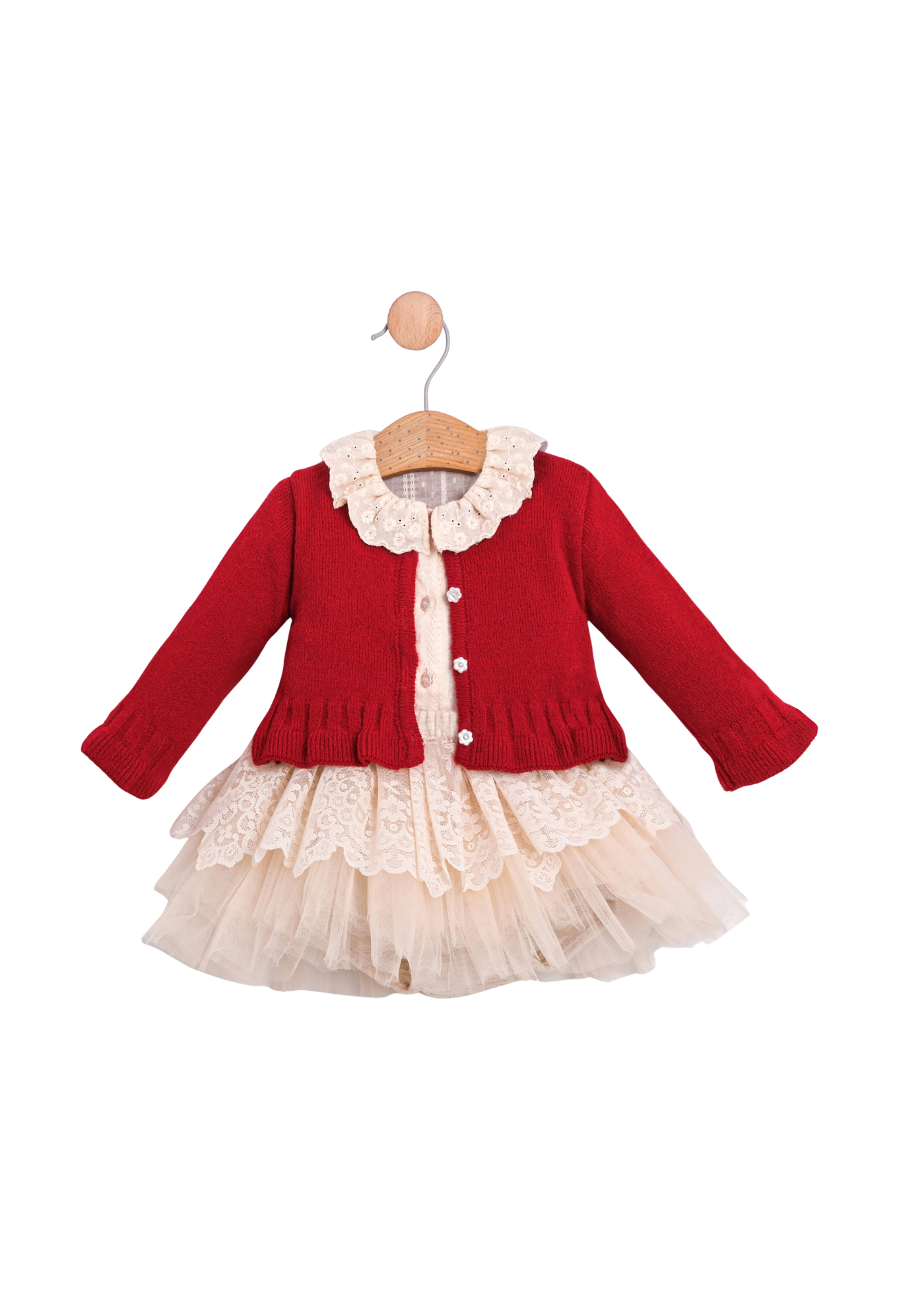 Set 3 Piese Camasa Bej Fusta Dantela si Tull Bej si Cardigan Rosu 3760 Mino Baby