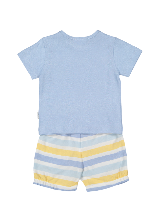 Set 2 Piese Tricou Bleu si Pantaloni Scurti cu Dungi Bleu cu Galben Colored Lines K4741 Bebetto