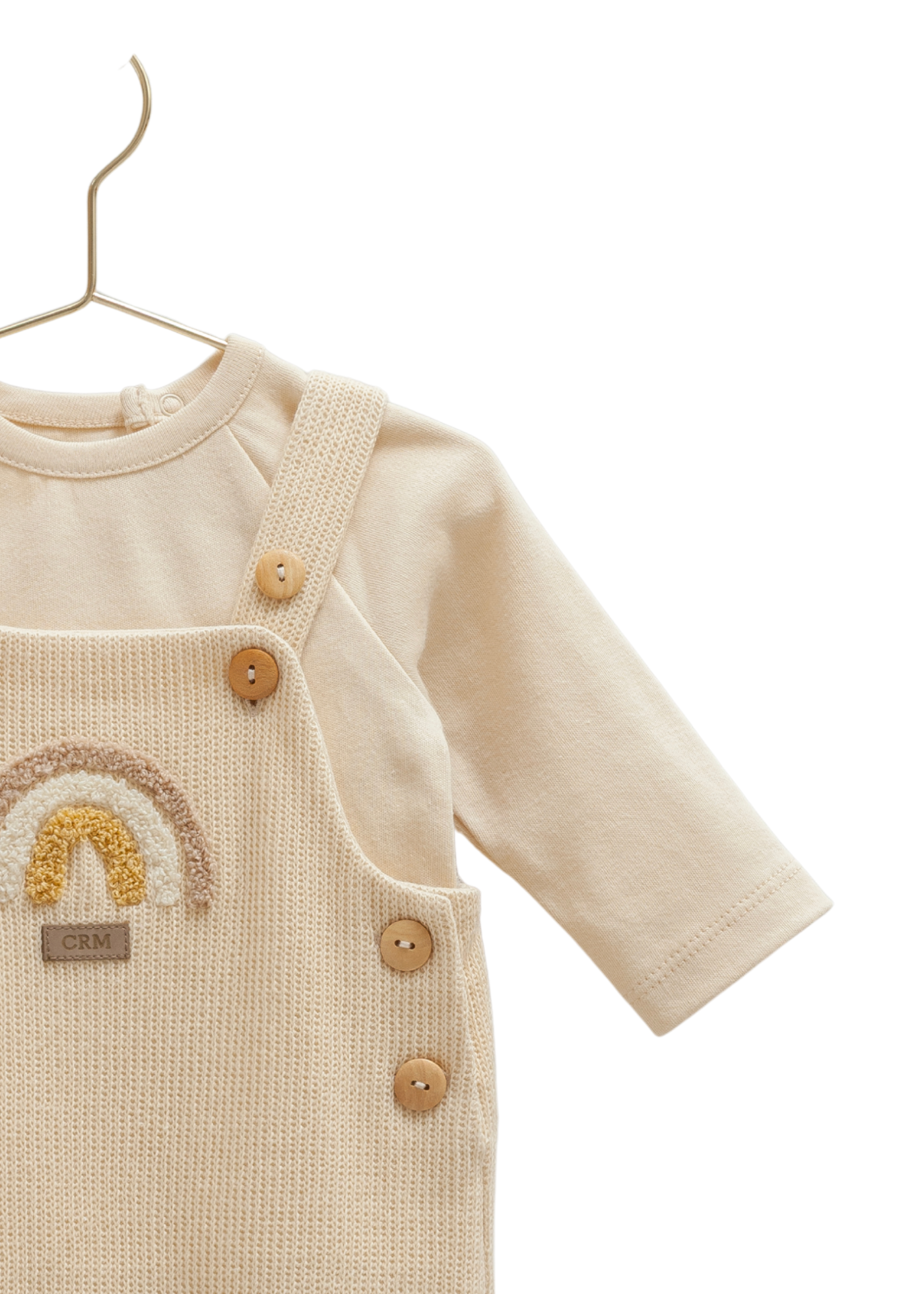 Set 2 Piese Salopeta Lunga Bej cu Curcubeu si Bretele si Bluza cu Maneca Lunga SLE2056 Mell Sweet Baby