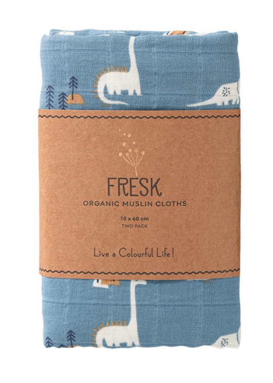 Set 2 Paturici Muselina Albastru Marin cu Imprimeu Dinozaur din Bumbac Organic 70X60 cm F1-10 Fresk