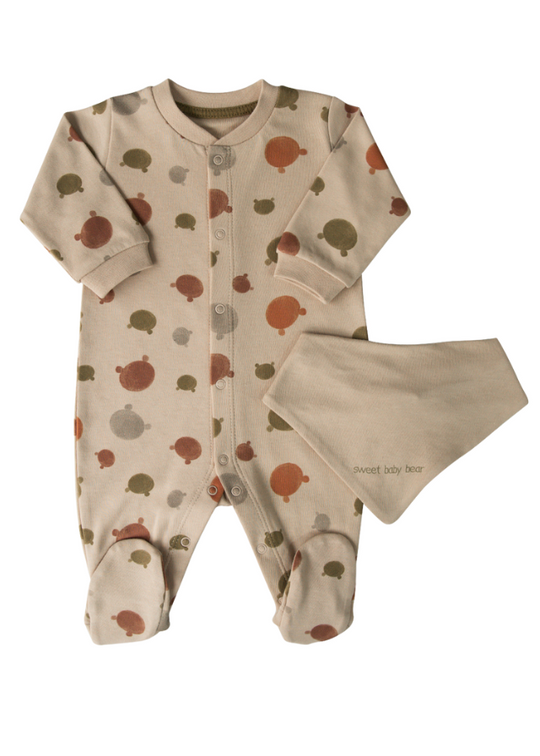 Set of 2 Organic Cotton Overalls and Beige Bib with Bear Print 18413 Kitikate