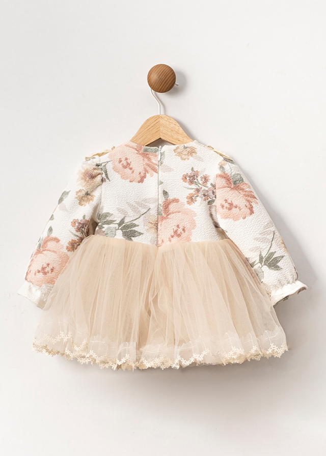 Cream bust long sleeve dress with flower print and beige tulle skirt art 3584 Mino Baby