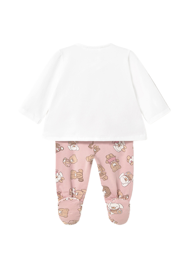 Set 2 Piese Pijama Bluza si Pantaloni Lungi Alb cu Roz cu Ursi 1588 Mayoral