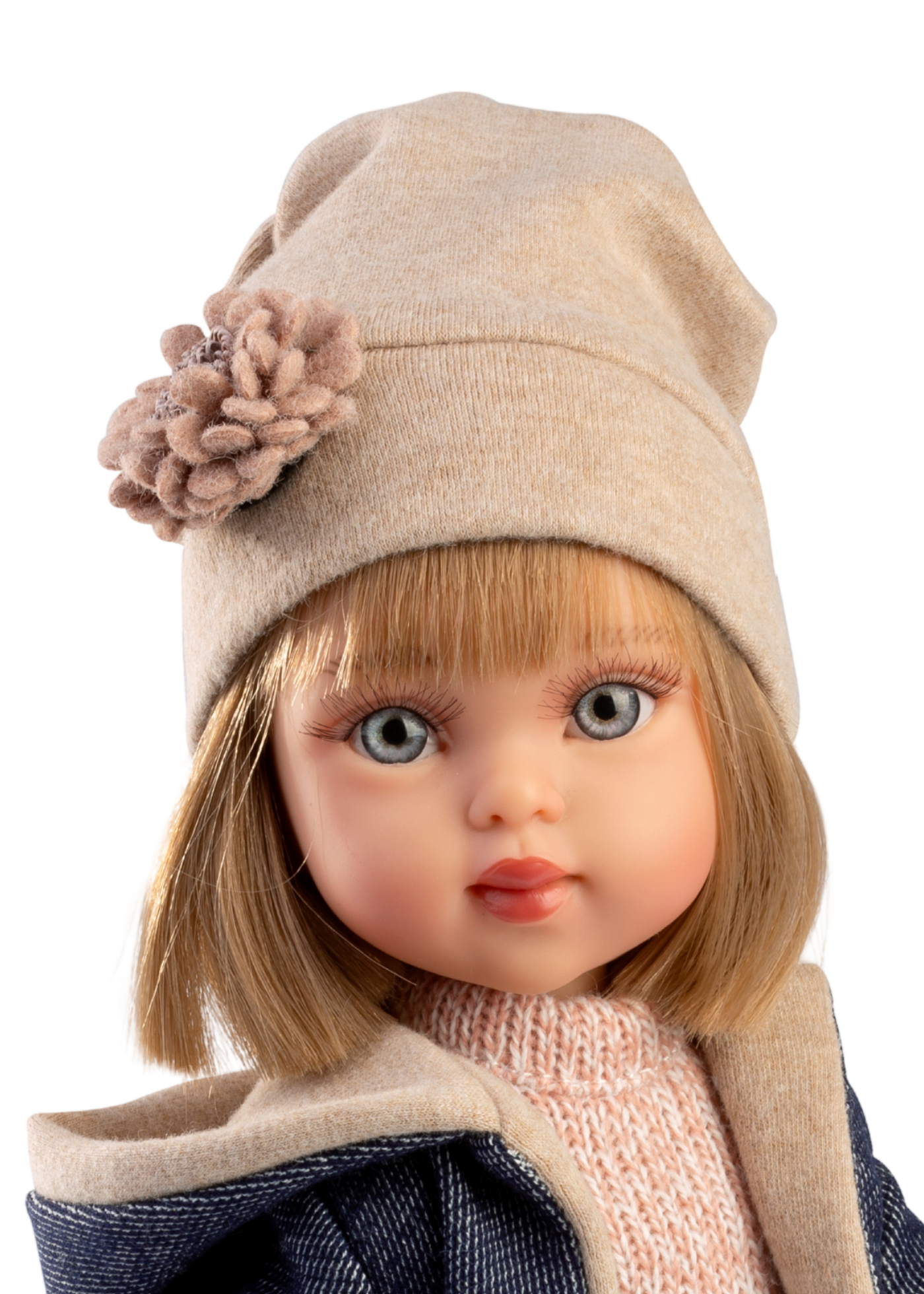 Papusa Penelope Madrid, 33 cm, Corp Vinil, Par Blond cu Rochita Tricotata Roz si Jacheta cu Blanita Bleumarin 857 Guca