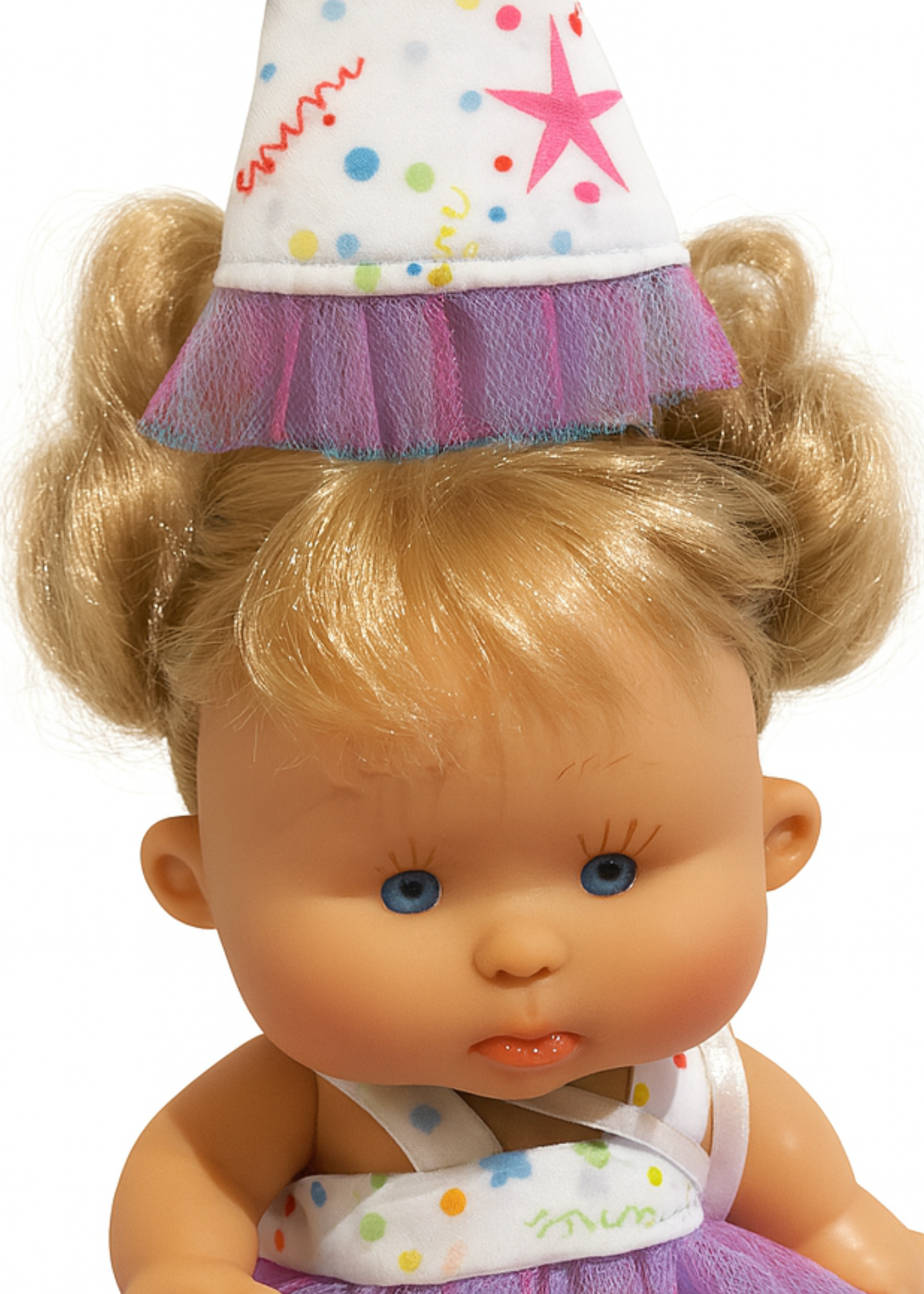 Papusa Parfumata Blonda Happy Birthday cu Rochita in Bretele Tull Turqoise Mov - 21 cm - 0497 - Nines