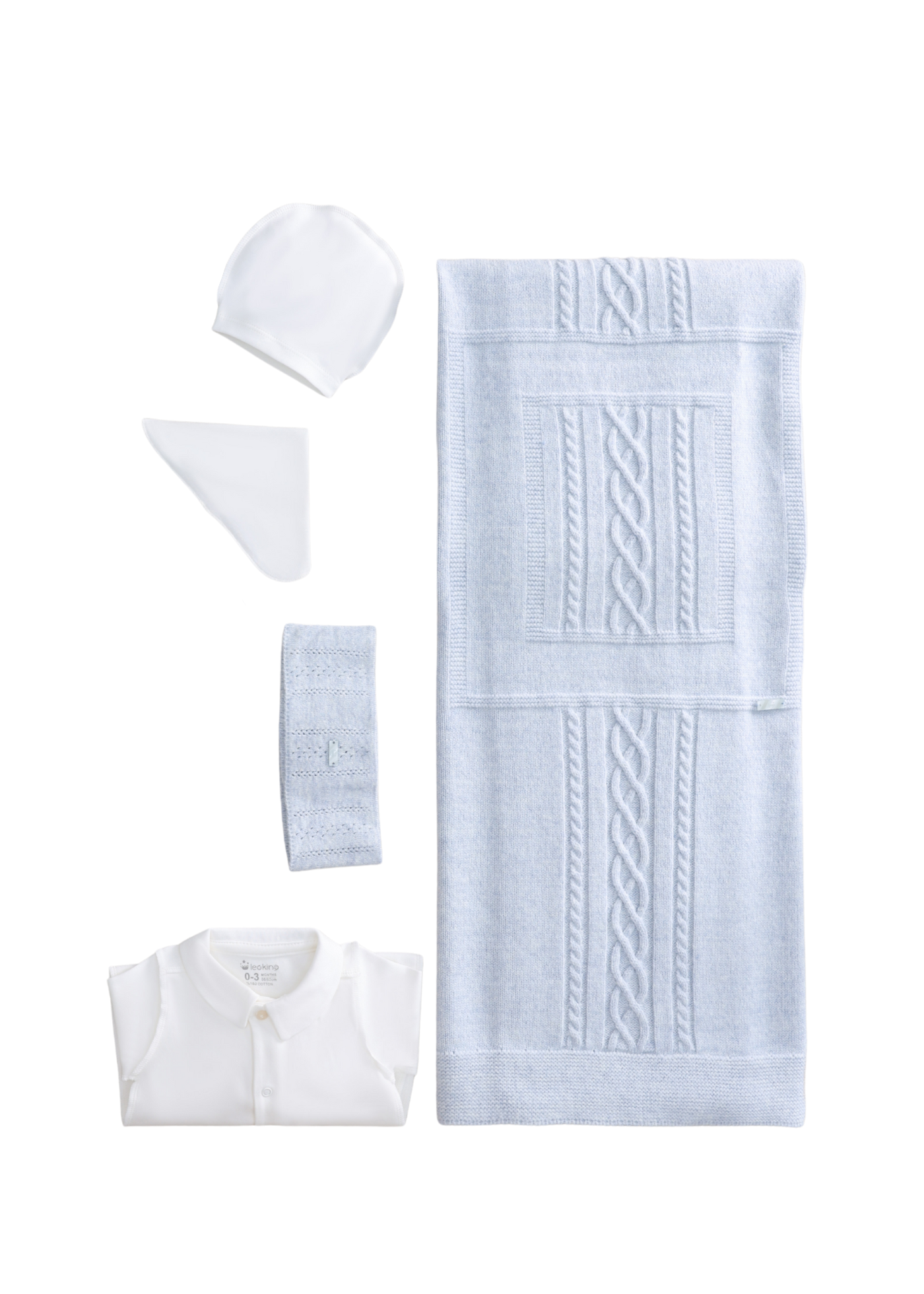 Set Maternitate 9 Piese Tricotat cu Lana Merinos Bleu Salopeta 3430 Leo King