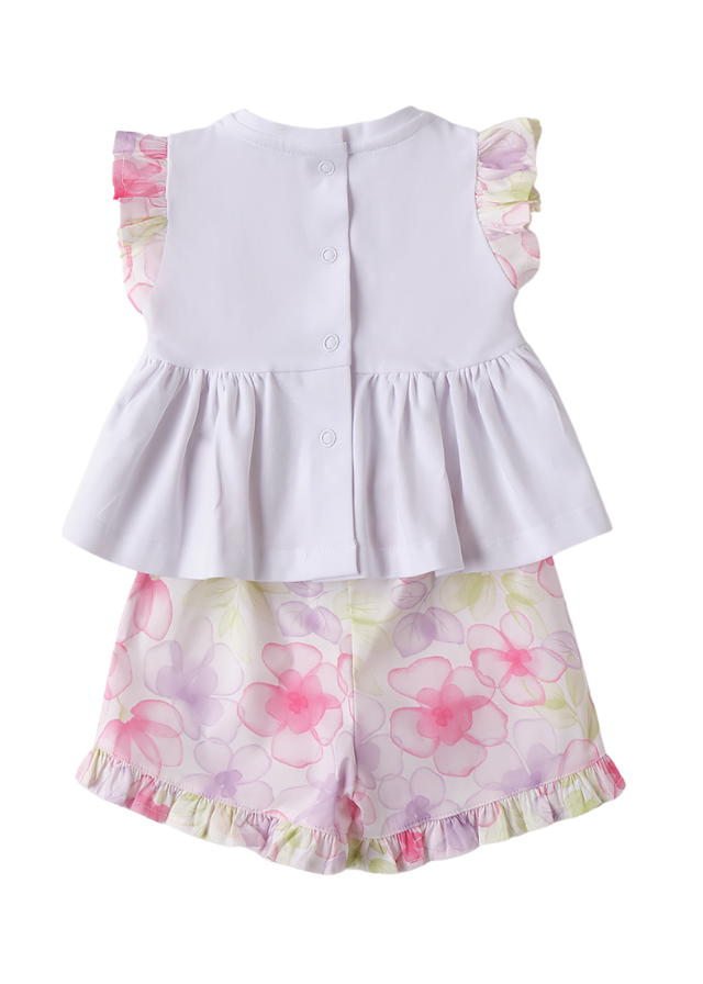 Set 2 Piese Tricou Alb cu Funda si Pantaloni Scurti cu Flori Roz 3.B755/00 col 0113 Minibanda