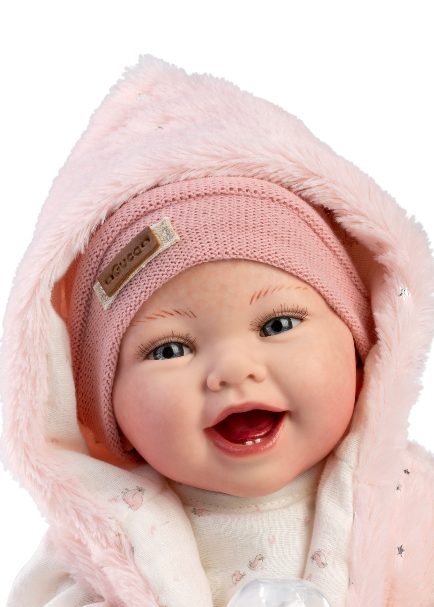 Reborn Elsa, 42 cm, Fara Par, Corp Vinil+Textil cu Costumas Tricotat Alb si Vesta de Blanita Roz 10284 Guca Munecas