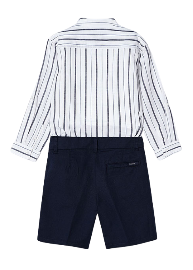 AnneBebe - Set 2 Piese, Camasa Alba cu Dungi Bleumarin cu Guler Cazacesc si Pantaloni Scurti Bleumarin 3281 Mayoral