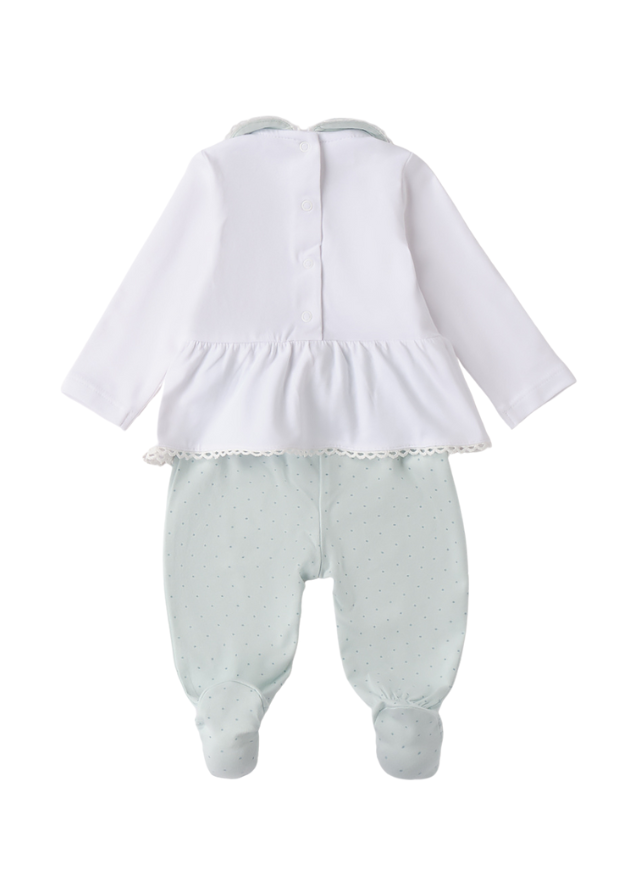 Set 2 Piese Pijamale Bluza Alba cu Pisica si Pantaloni Lungi Verzi cu Picouri 4.B078/00 iDO