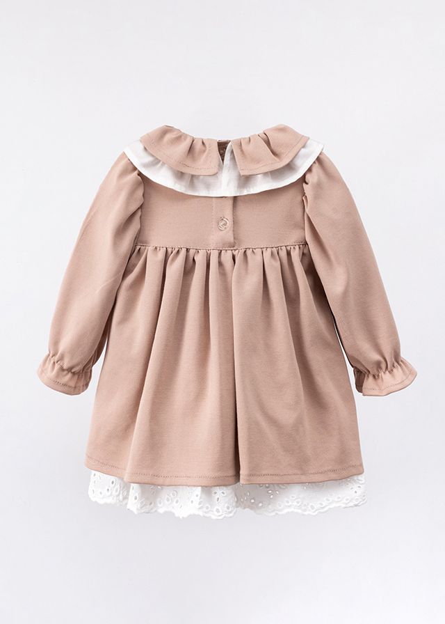 Beige dress with long sleeves with frill at the collar and bunny accessory art 3557 Mino Baby