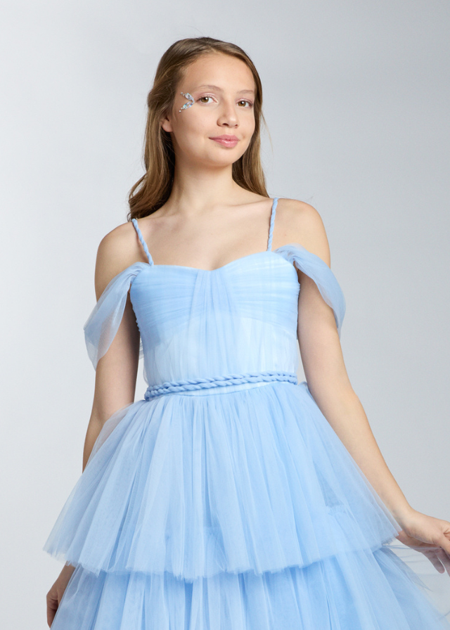 Elegant Blue Tulle Ceremony Dress with Ruffles 10-15 Years 5517 Kanilla
