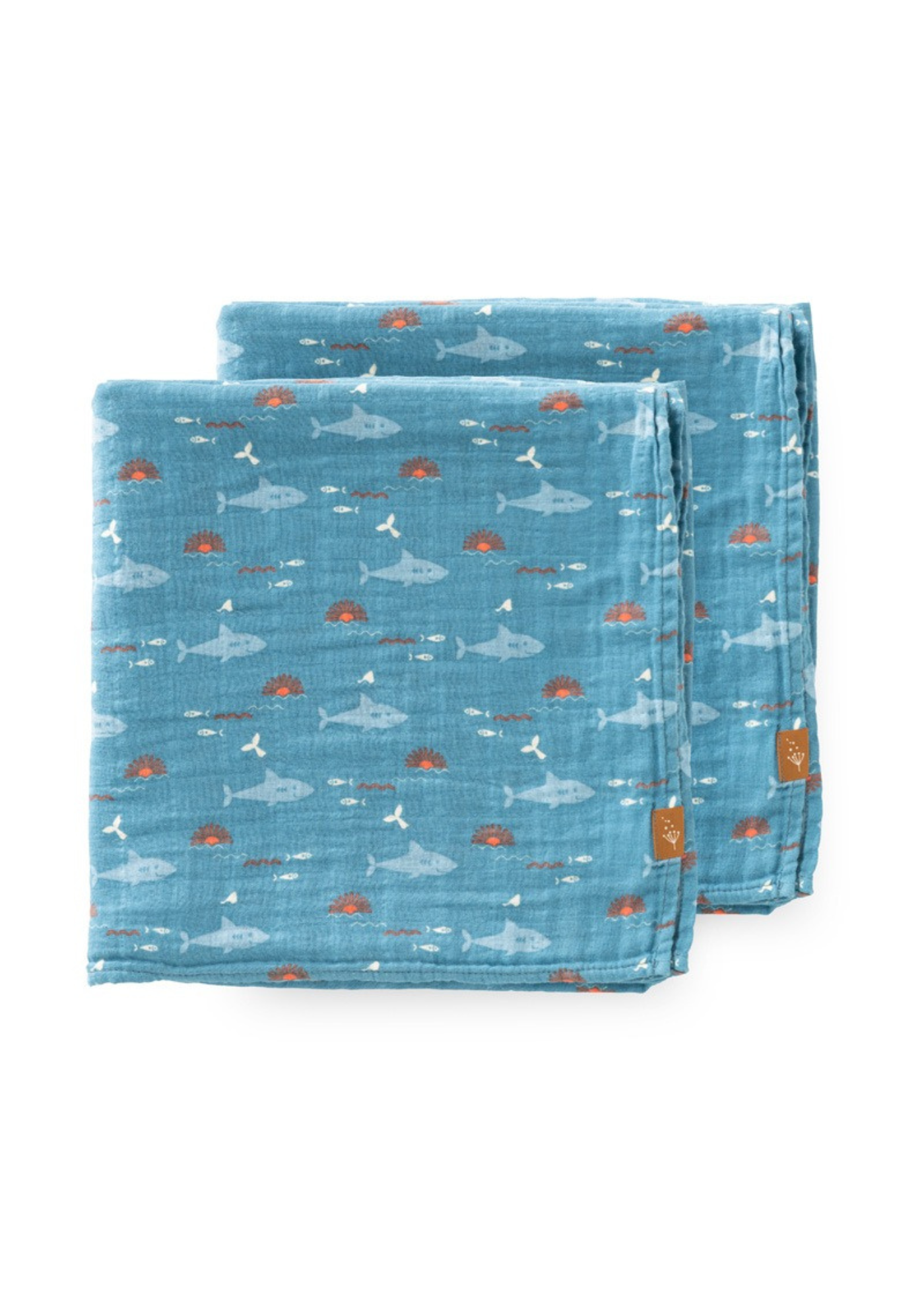 Set of 2 navy blue muslin blankets with shark print made of organic cotton 70x60 cm F115-88