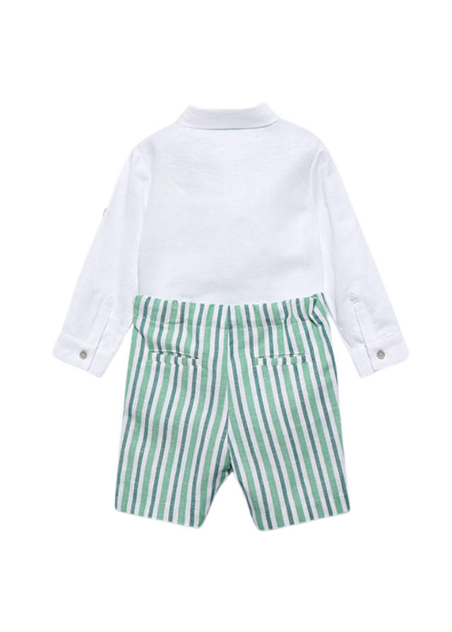 Set 2 Piese din In cu Bumbac Camasa Alba si Pantaloni Scurti si Papion Dungi Verzi 5209 Abel & Lula