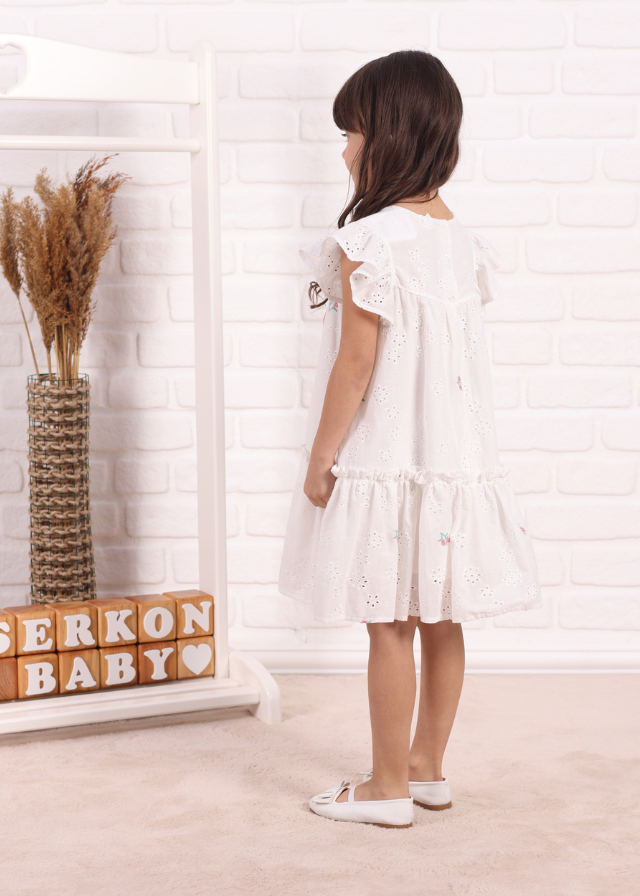 Rochie Alba Broderie din Bumbac cu Funda Roz 756 Connie Baby
