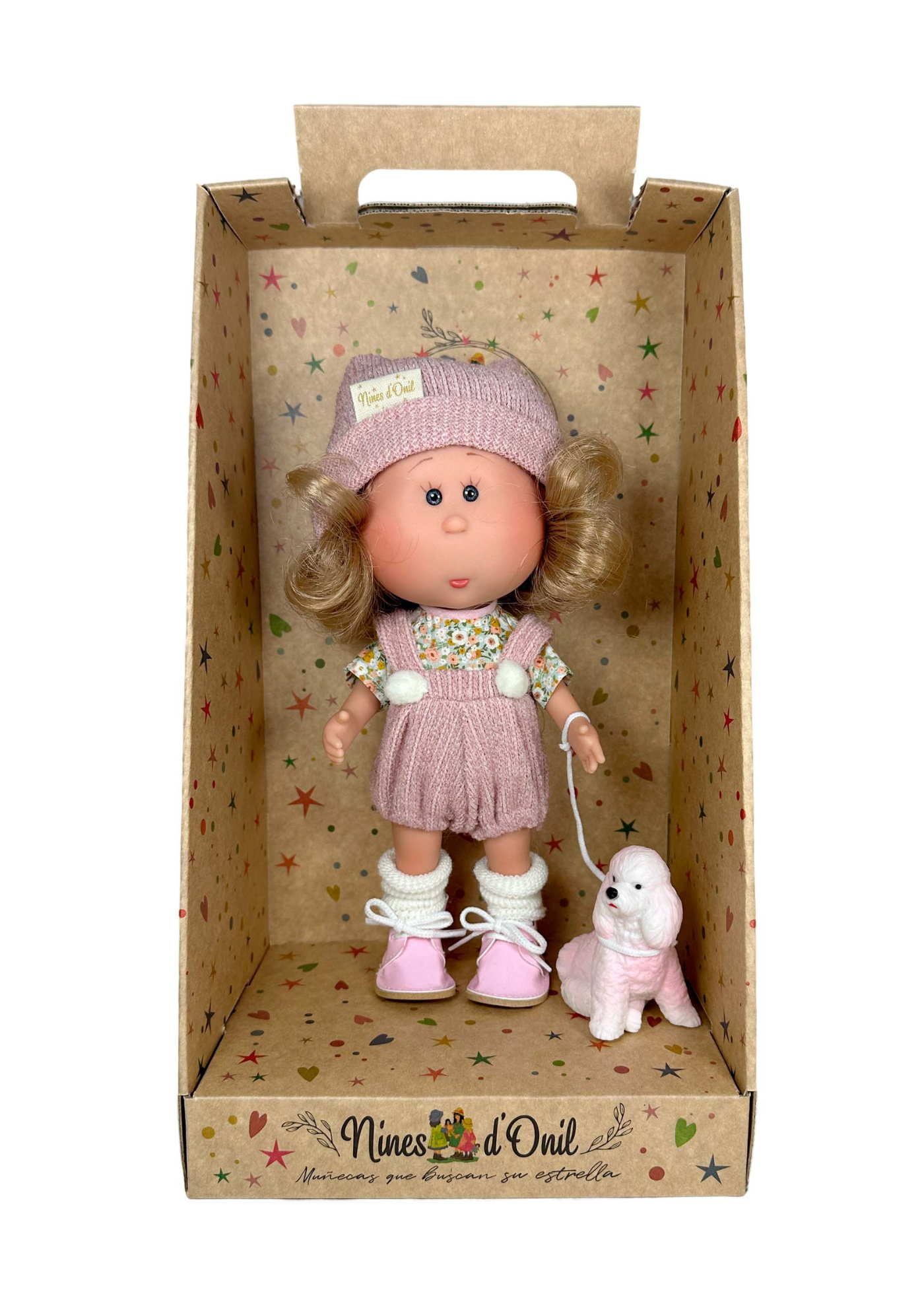 Papusa Parfumata Mia Blonda, Corp Vinil cu Salopeta Scurta si Caciula Tricotata Roz Accesoriu Catel – 30 cm – 3162 – Nines