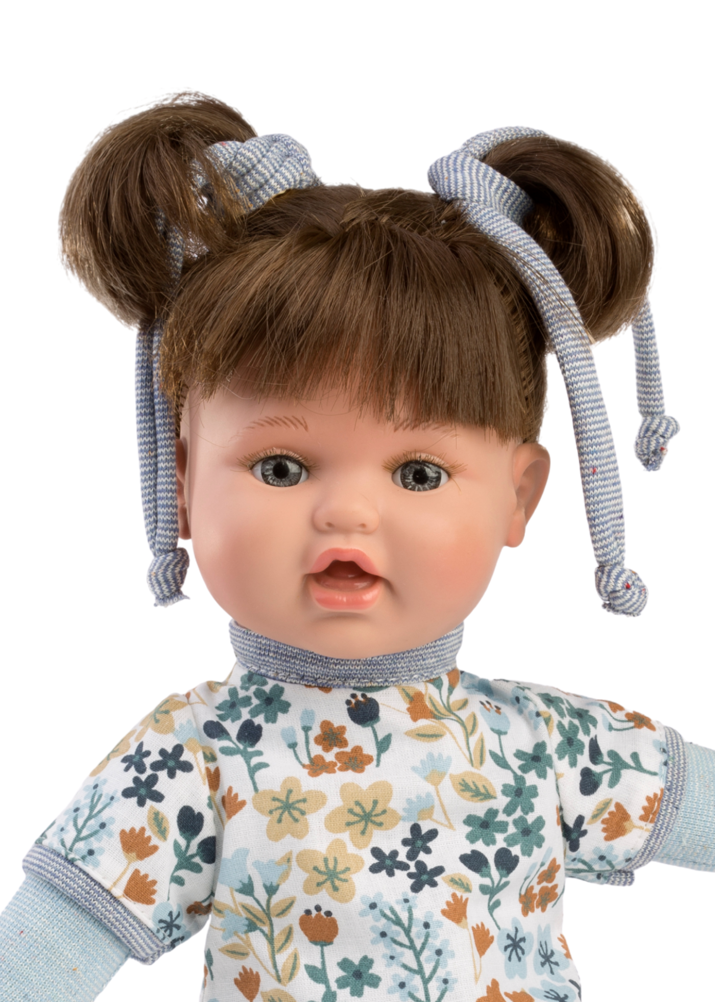Papusa Mimi 36 cm, Par Saten, Corp Textil cu Rochita Alba Imprimeu FloriceleBleu 968 Guca Munecas