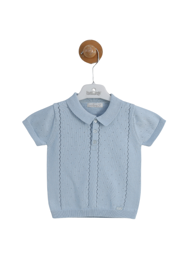 Set 2 Piese Tricotat Bleu Bluza cu Maneca Scurta cu Guler Polo si Pantaloni Scurti 8156 Leo King