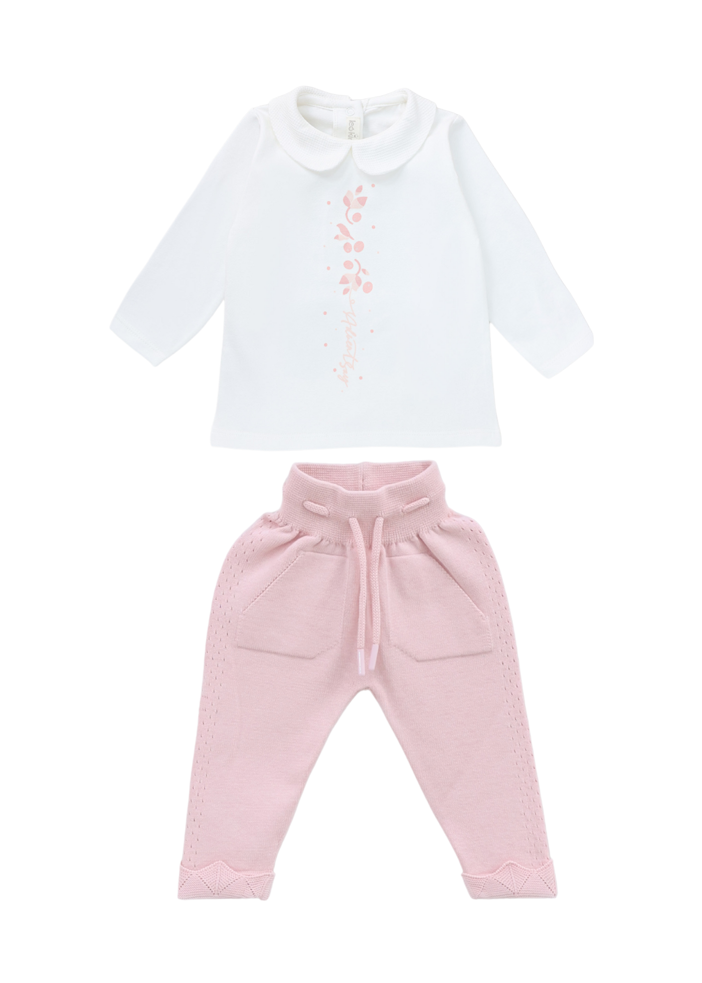Set 3 Piese Jacheta si Pantaloni Lungi Tricotate Roz si Bluza Bumbac 8019 Leo King