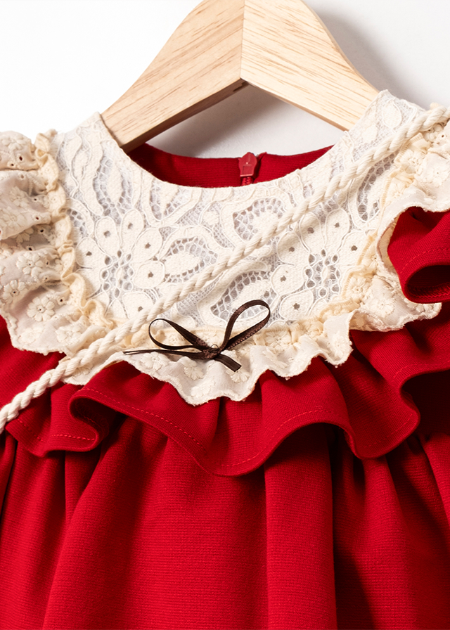 Red dress with long sleeves with frills on the bust and lace and bunny accessory art 3588 Mino Baby